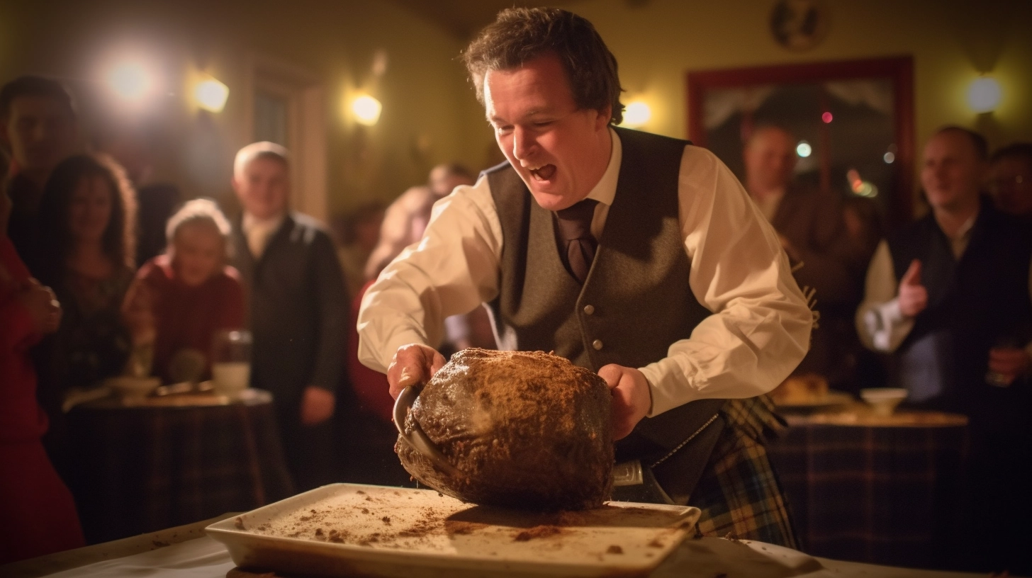 A man in a kilt gives the address to the haggis at a traditional Burns supper