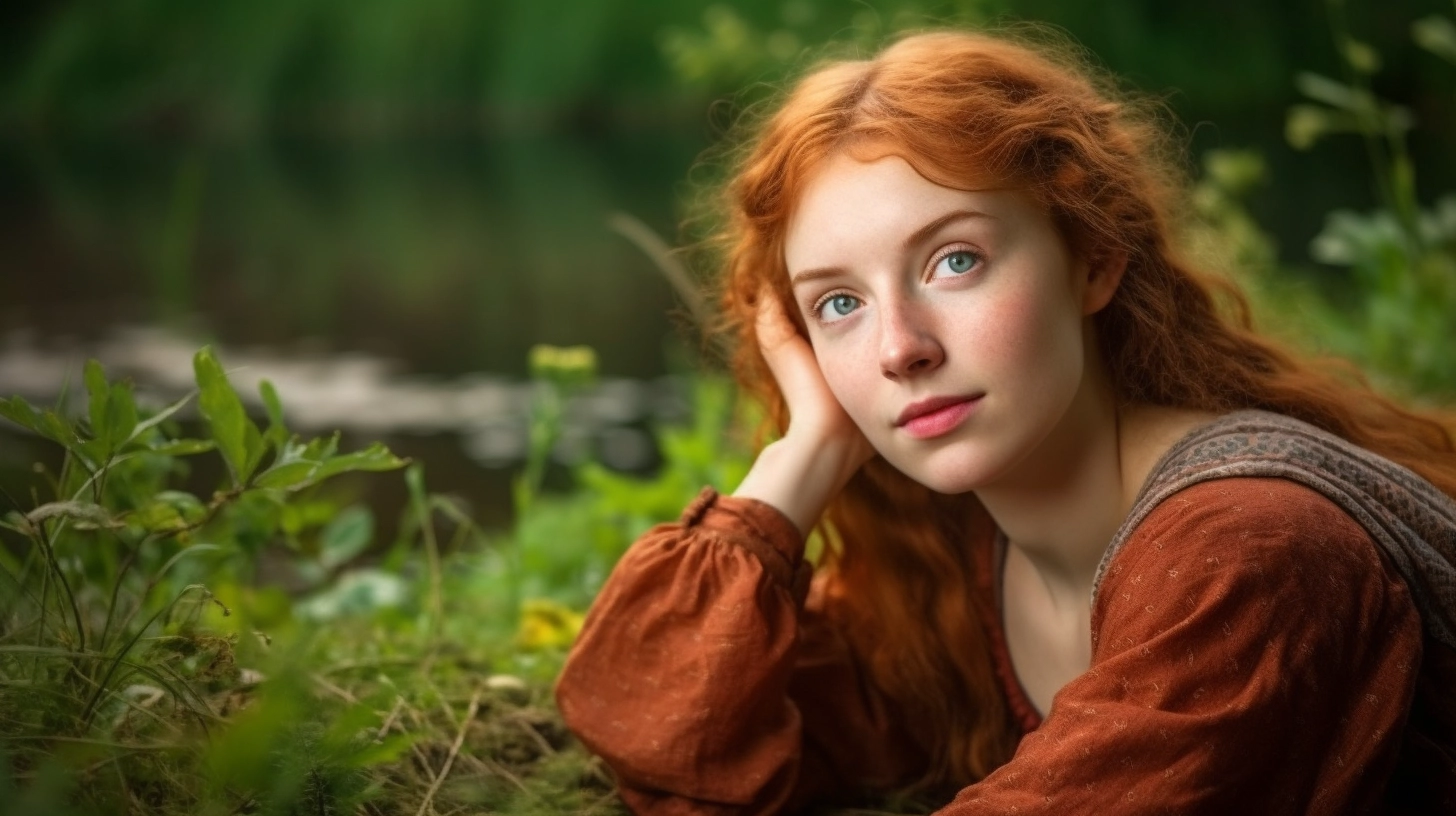 Beautiful young red-headed woman lying by a riverside
