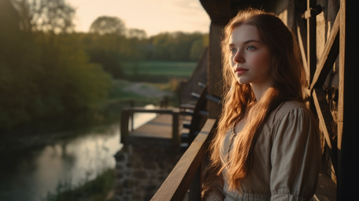 A beautiful young woman on the balcony of a mill looking out over the English countryside in the early morning