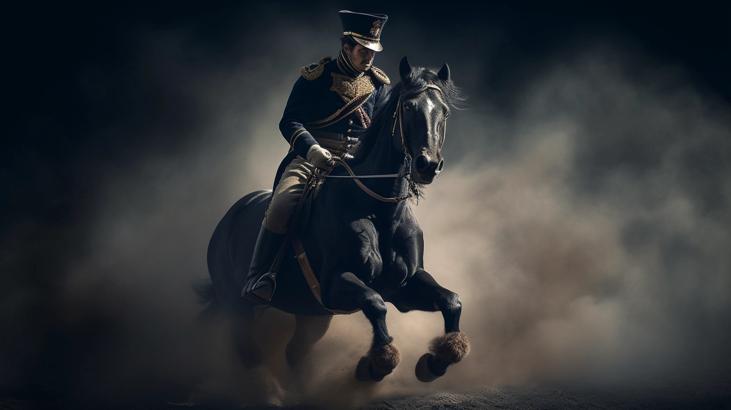 A British officer charging on a black stallion during the Charge of the Light Brigade