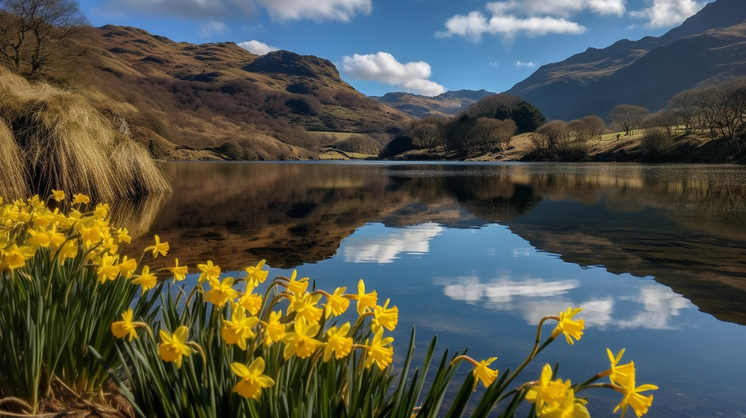 Daffodils growing by a lake in the English Lake District