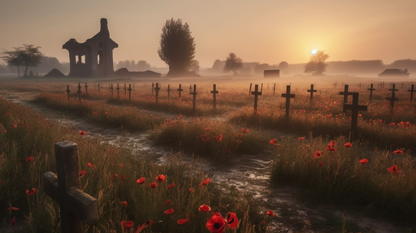 Poppies grow between rows of graves in a field in Flanders