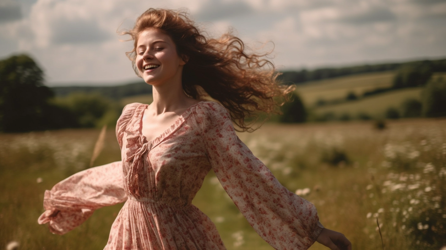 A woman in a dress from the 1850s dancing happily in a field in England during summer