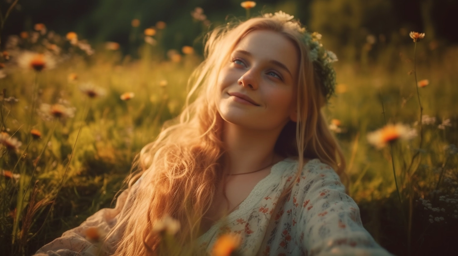 A beautiful young women with long blonde hair in a summer meadow at sunset