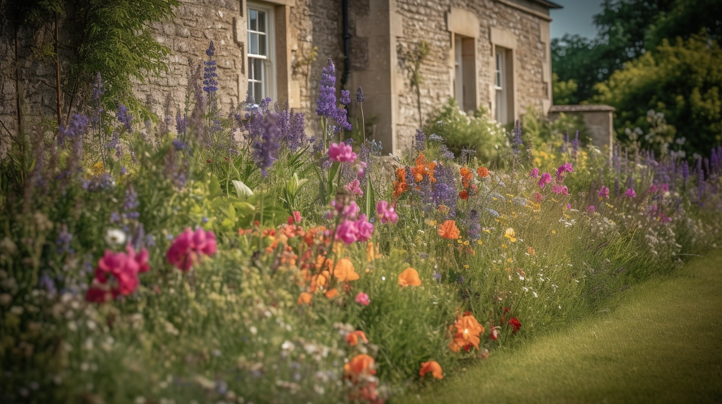 Interpretation of how the Old Vicarage, Granchester would have looked in May 1912 with colourful flowers in the garden