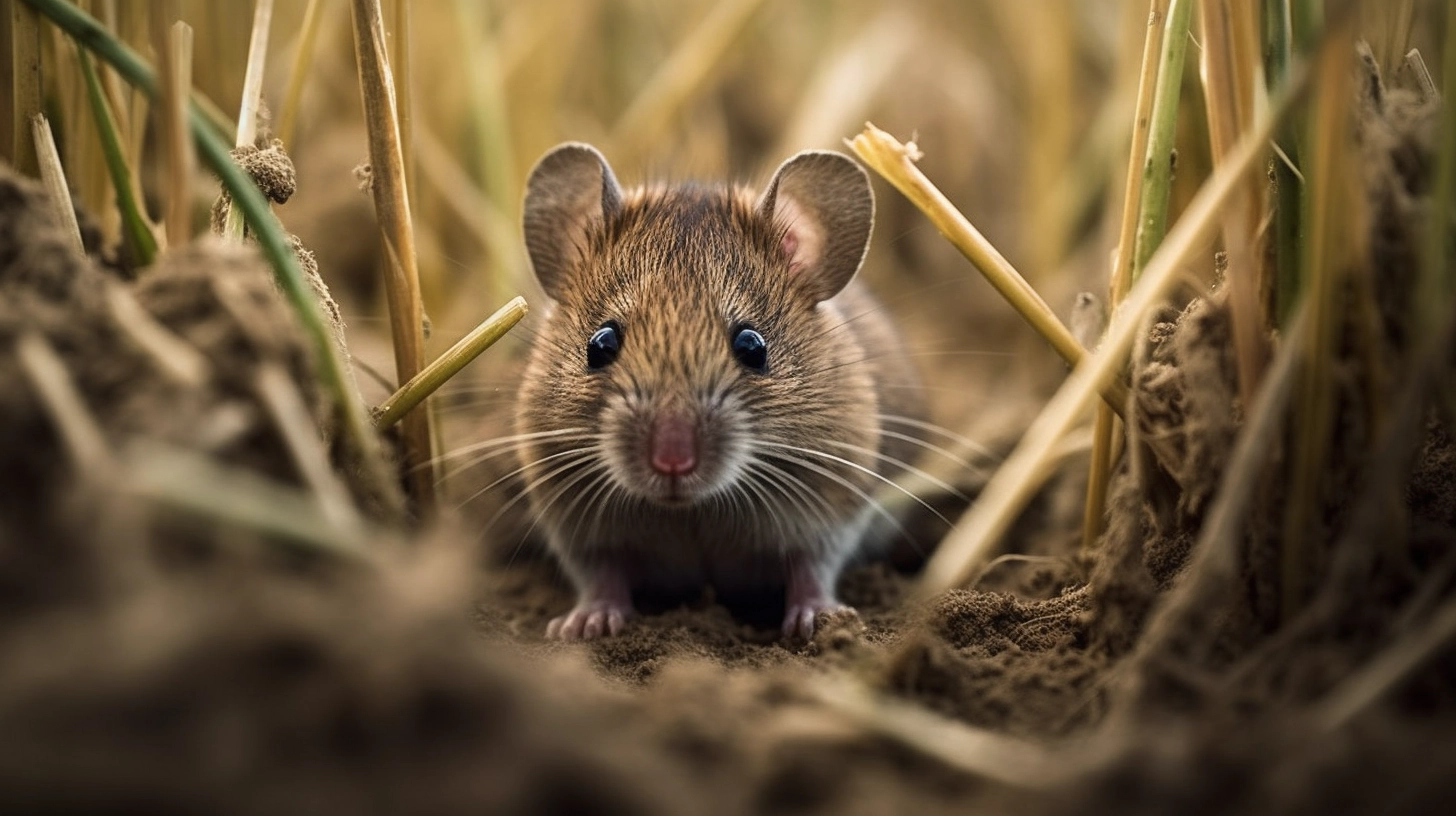 A frightened mouse in a ploughed field