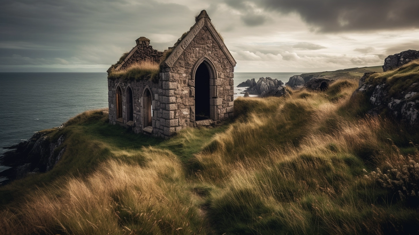 A ruined stone chapel by the sea with a view of a rugged coastline