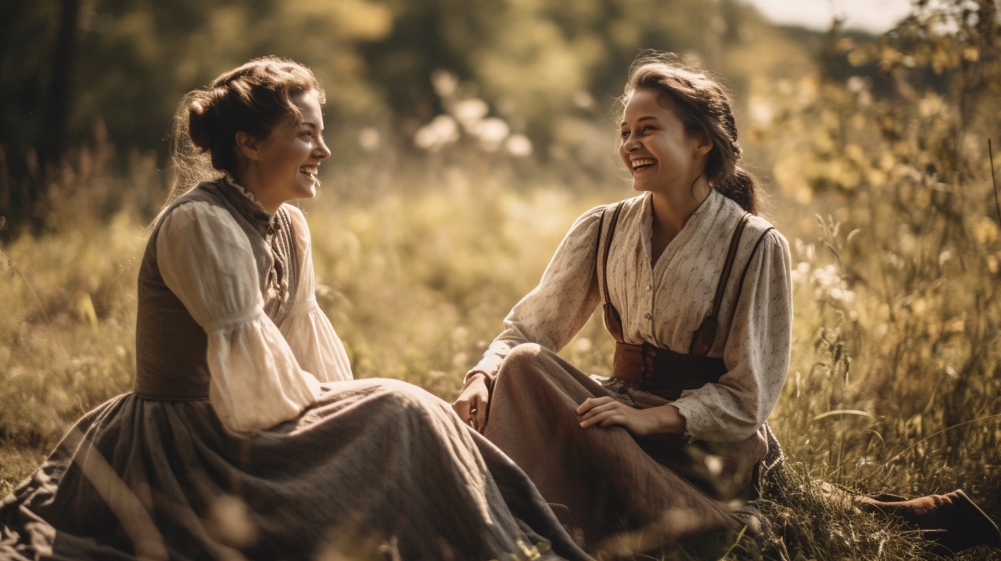 Two young women dressed in clothes from the 1850s sitting together in a field on a summer's day and laughing